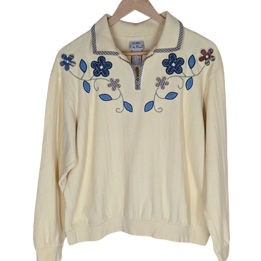 Vintage Floral Embroidered Yellow Blue 1/4 Zip Collared Sweater Koret City Blues